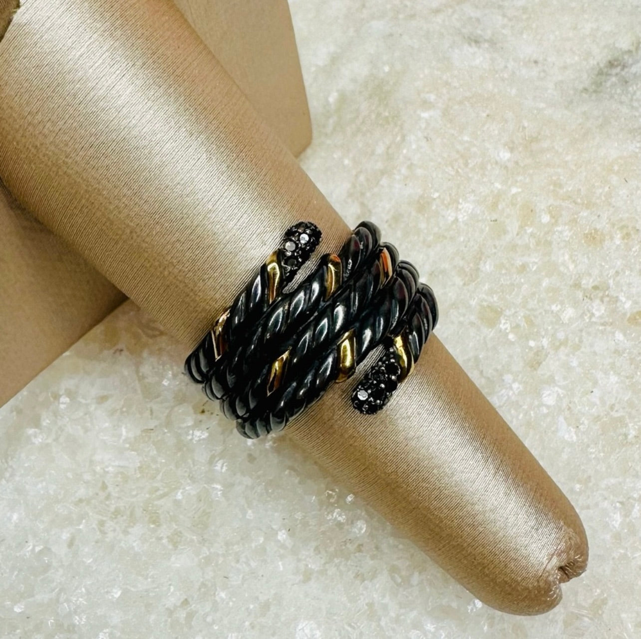 EUC David Yurman Blackened Silver & Gold Willow Serpent Ring w/ Black Diamonds