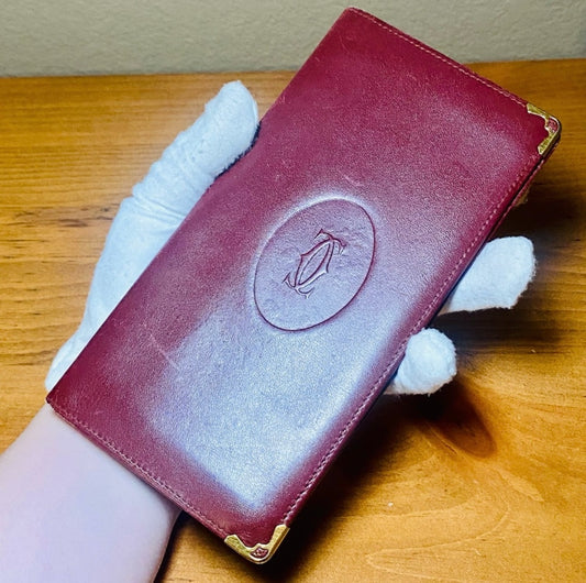 Unisex Must De Cartier Vintage Bordeaux Leather Long Bifold Wallet