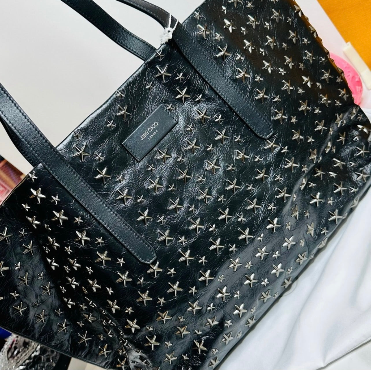 New Jimmy Choo Pimlico/s Black Vintage Leather Gunmetal Star-Stud Embellished Tote