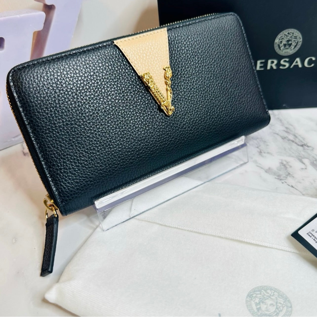 New Versace Two-Toned Black & Beige Grainy Calf Leather Virtus Continental Zip Around Wallet