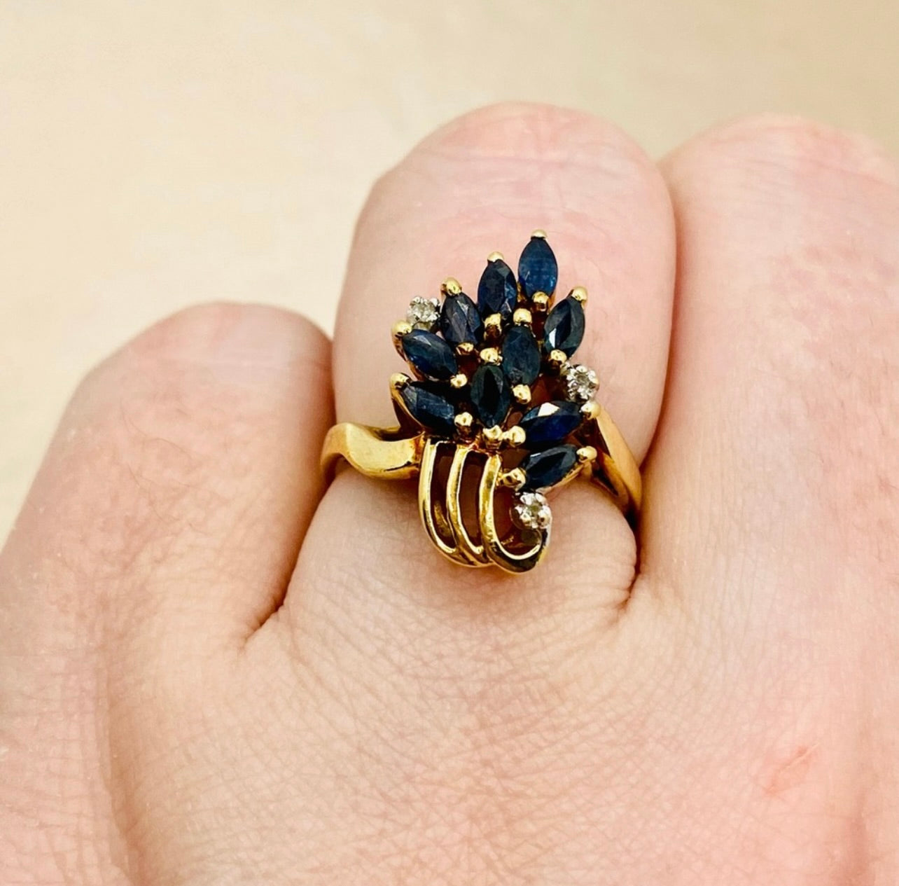 Vintage 10k Yellow Gold Blue Sapphire & Diamond Cocktail Ring