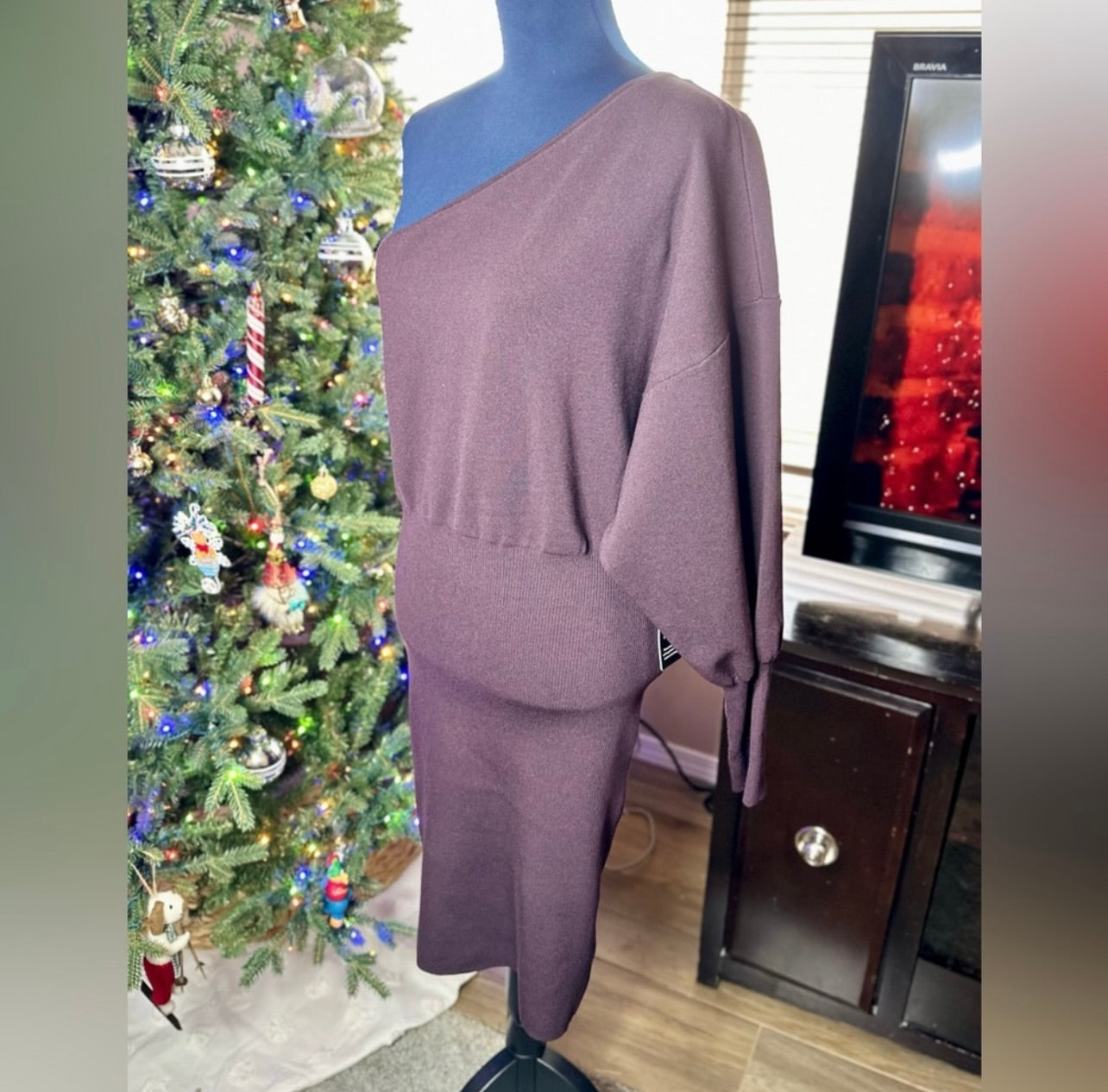 New Express Dark Purple One Shoulder Long Sleeve Mini Sheath Sweater Dress