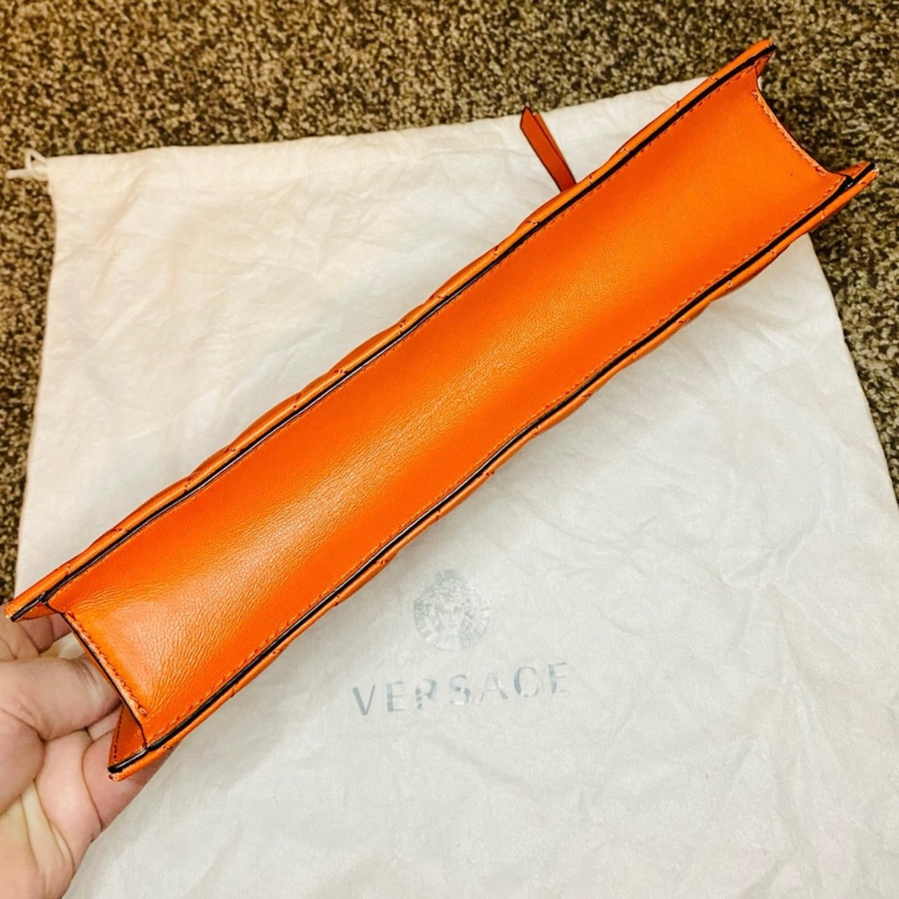 New Versace Quilted Dark Orange Lambskin Leather Small Crossbody Pouch