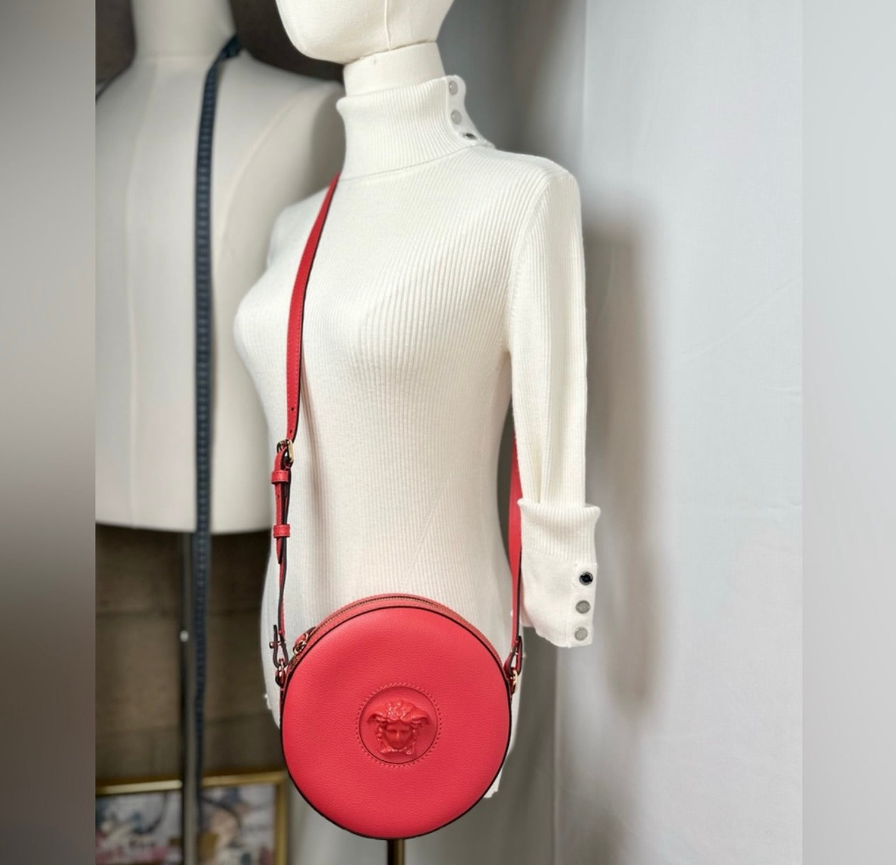 New Versace La Medusa Lipstick Red Leather Disco Round Crossbody Bag