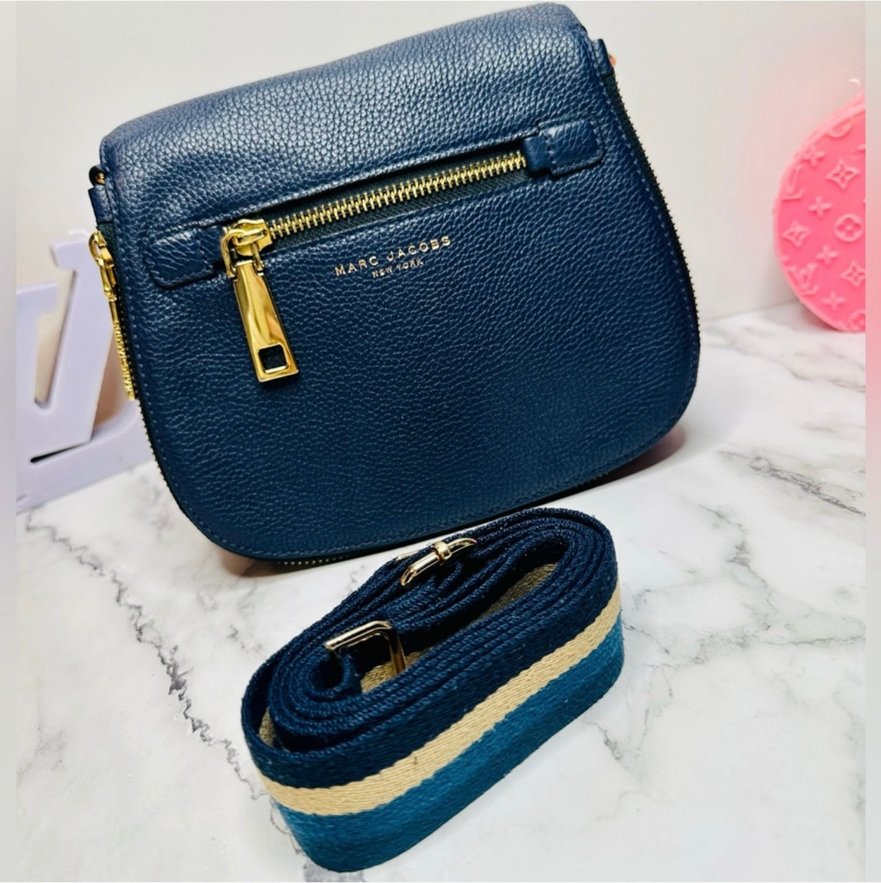 Marc Jacobs Small Navy Blue Pebbled Leather Gotham Saddle Bag