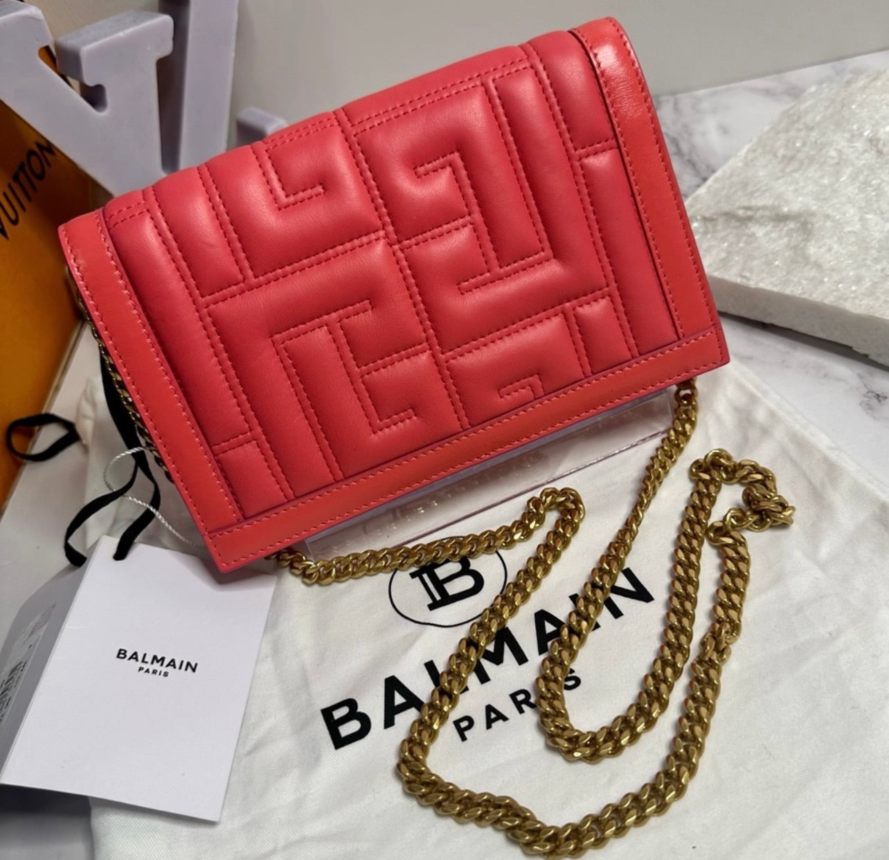 New Balmain Mini 1945 Rose Saumon Quilted Leather Bag