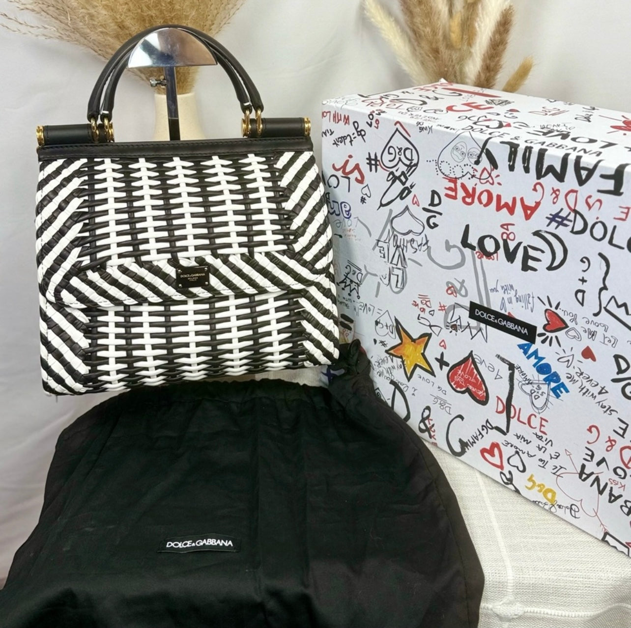 New Dolce & Gabbana Black & White Woven Leather Medium Sicily 58 Bag