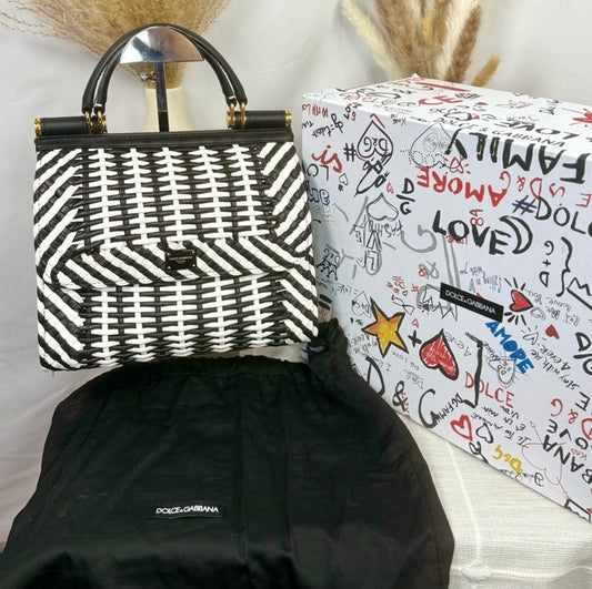 New Dolce & Gabbana Black & White Woven Leather Medium Sicily 58 Bag