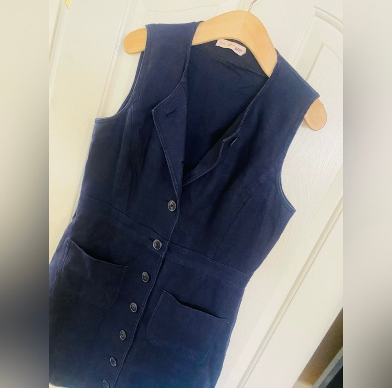 Tory Burch Indigo Navy Blue Button-Front Sleeveless Linen Shift Dress