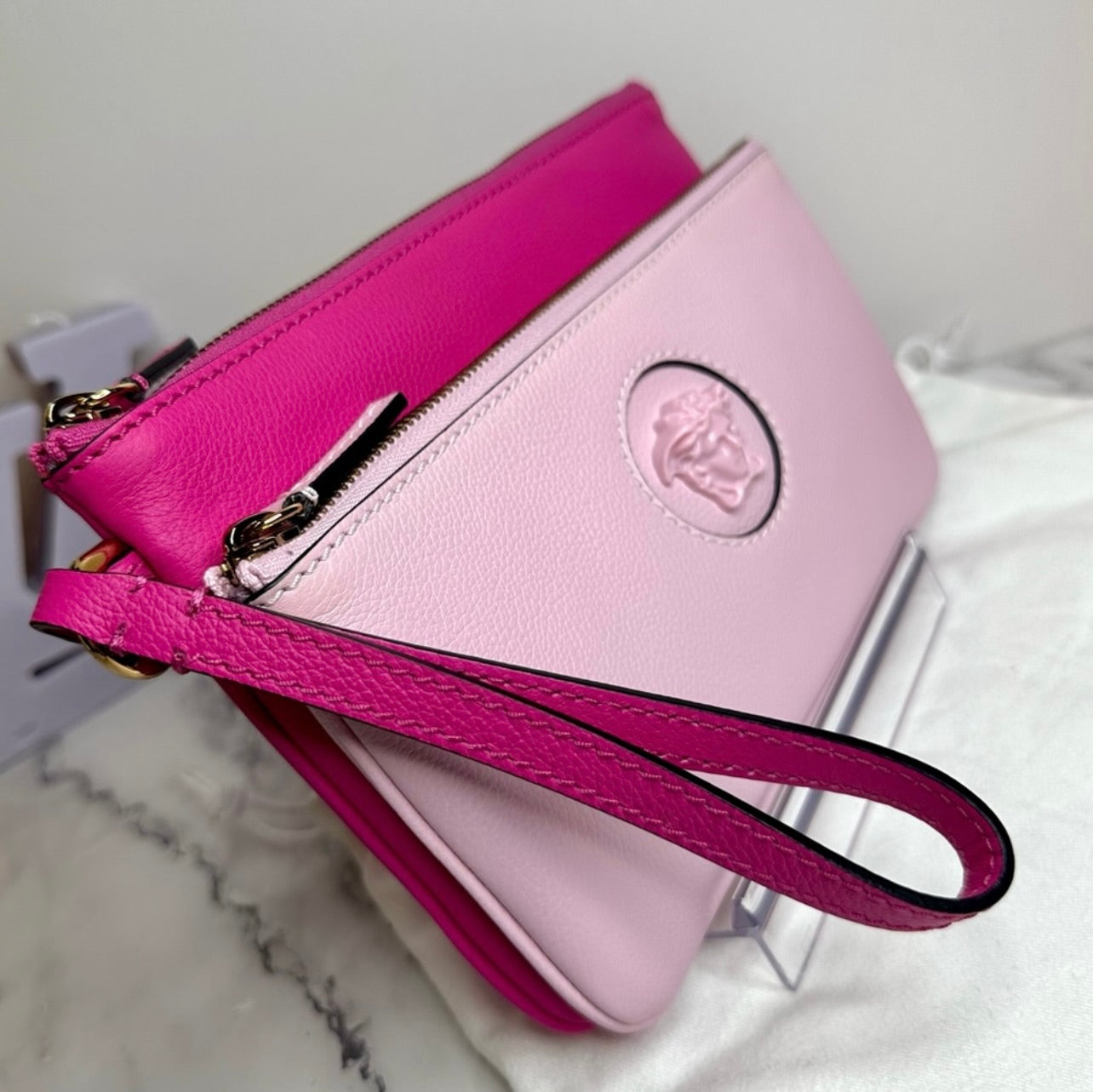 New Versace Double Zip La Medusa Pink Italian Leather Wristlet Pouch
