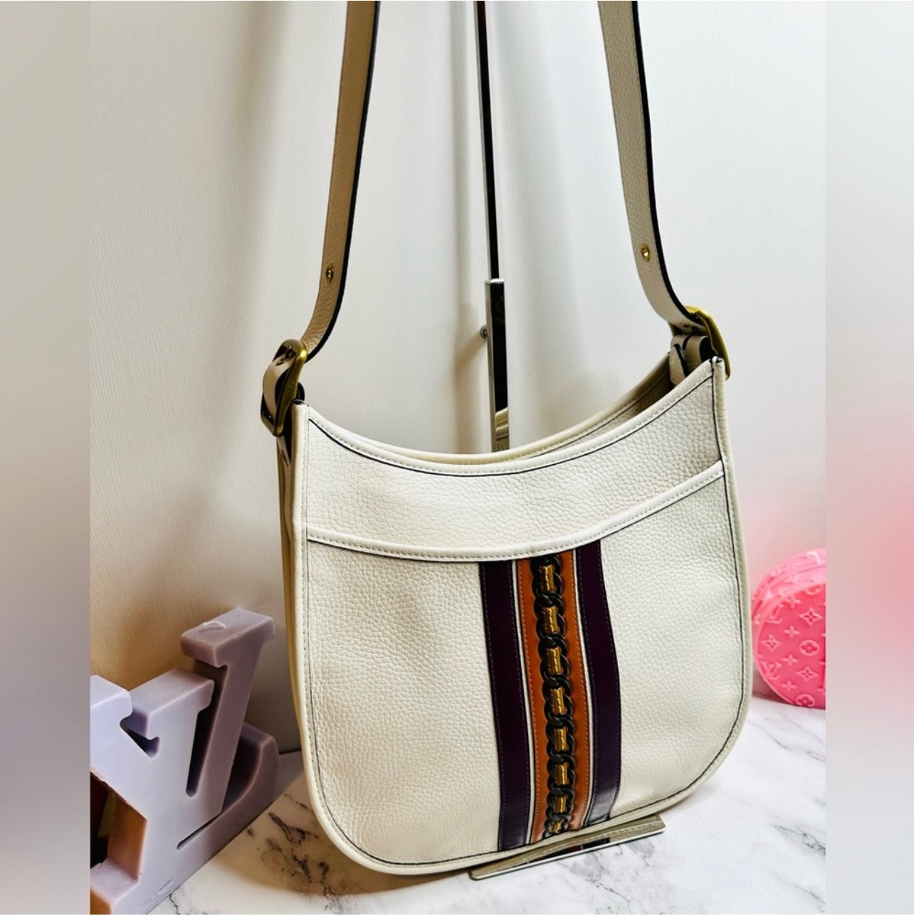 Coach Chalk Glovetanned Pebble Leather Emery Varsity Strip Crossbody Bag