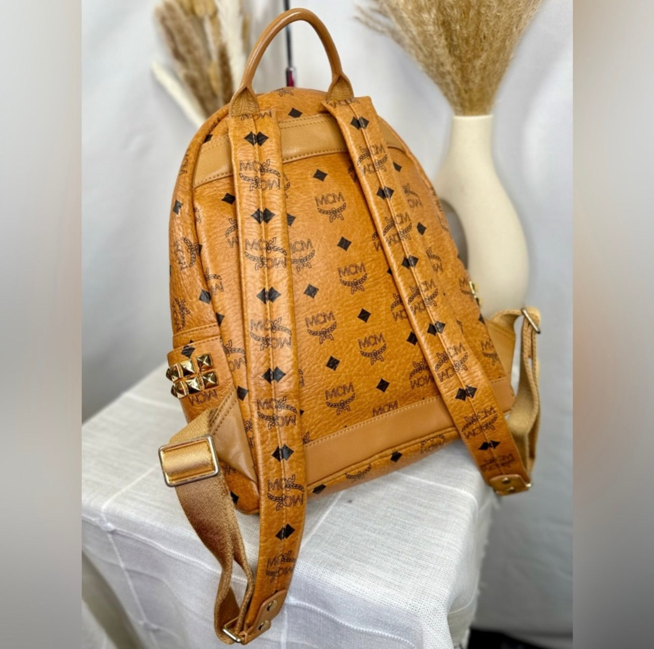 MCM Unisex Small Cognac Stark Visetos Side-Stud Backpack