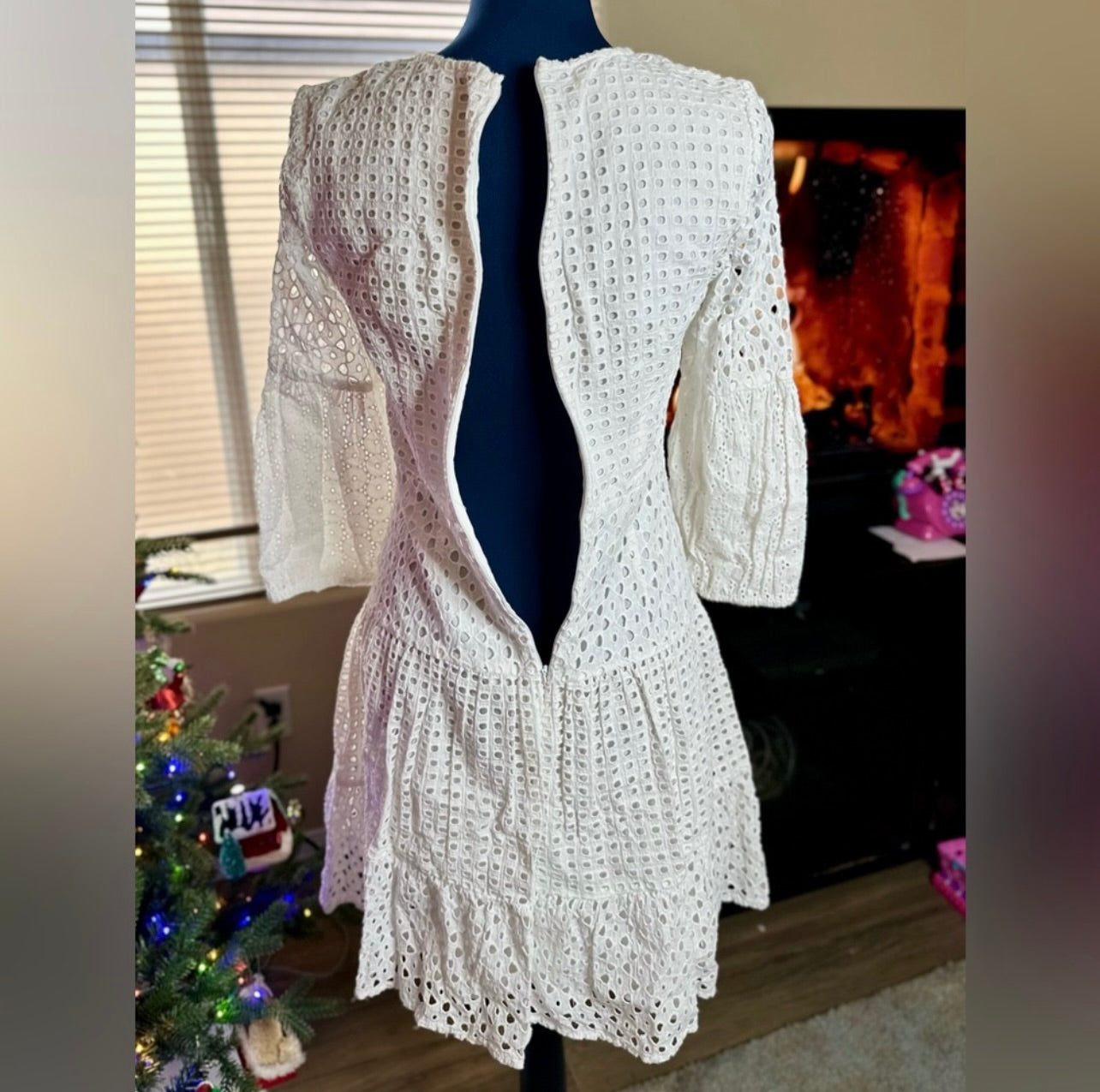 Vince Camuto 3/4 Lantern Sleeve White Eyelet Lace Fir & Flare Dress