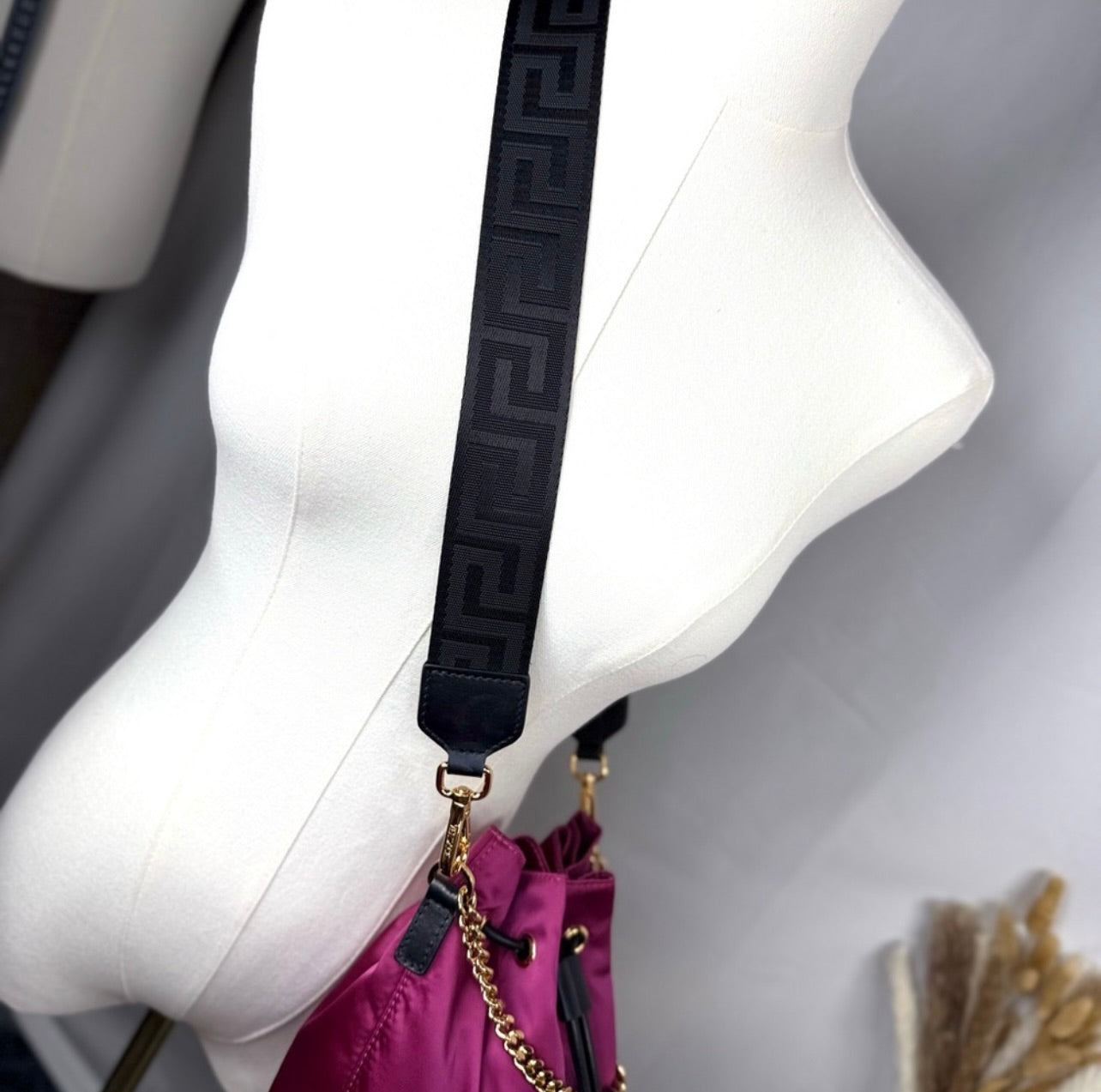 New Versace Deep Fuschia Nylon and Black Leather Drawstring Bucket Bag