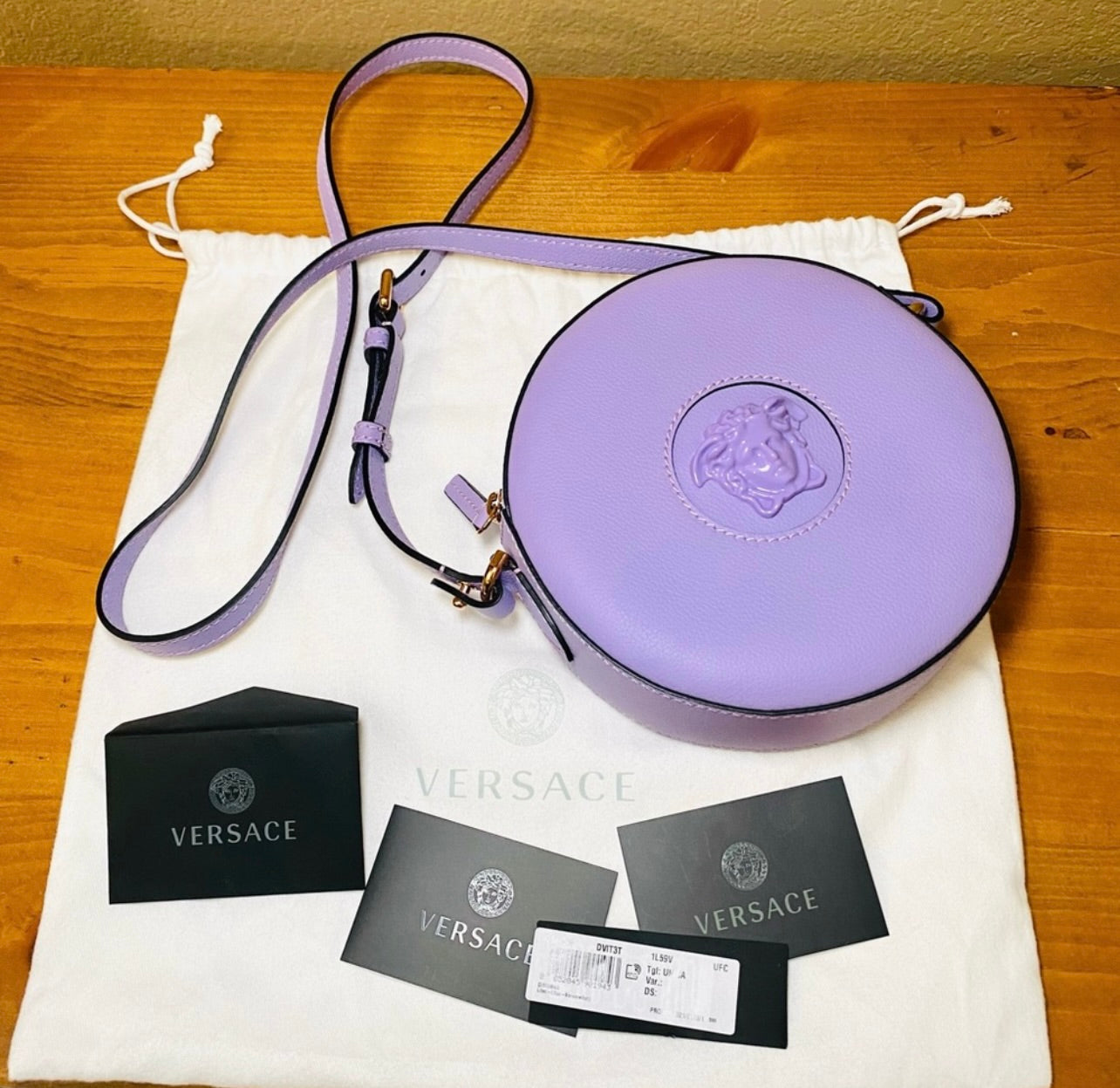 New Versace La Medusa Lilac/Purple Leather Disco Round Crossbody Bag