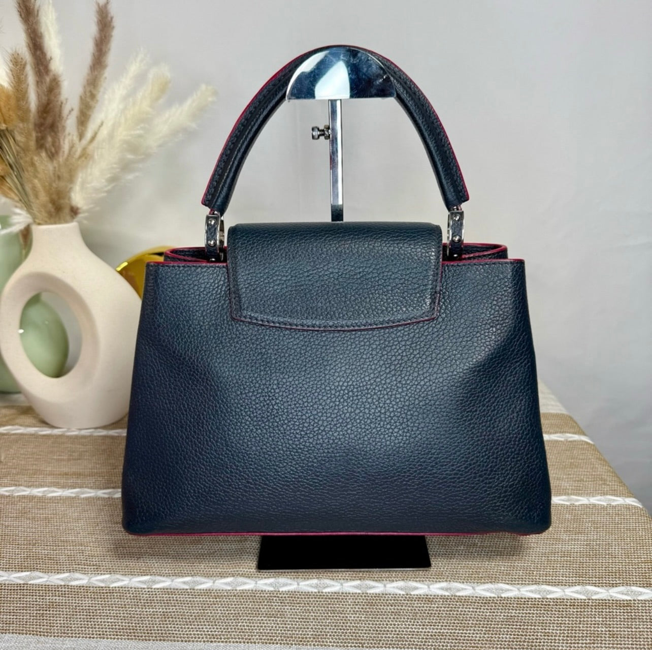 Louis Vuitton Cobalt Blue Taurillon Leather Capucines MM Bag w/ Fuchsia Trim