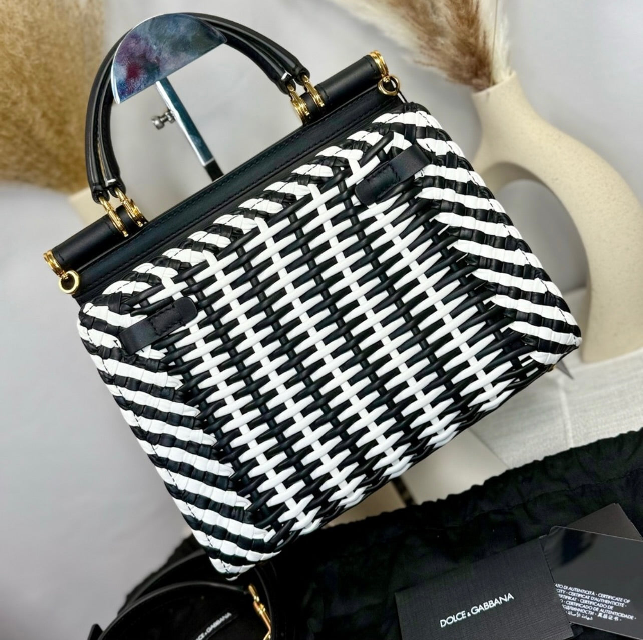 New Dolce & Gabbana Black & White Woven Leather Medium Sicily 58 Bag