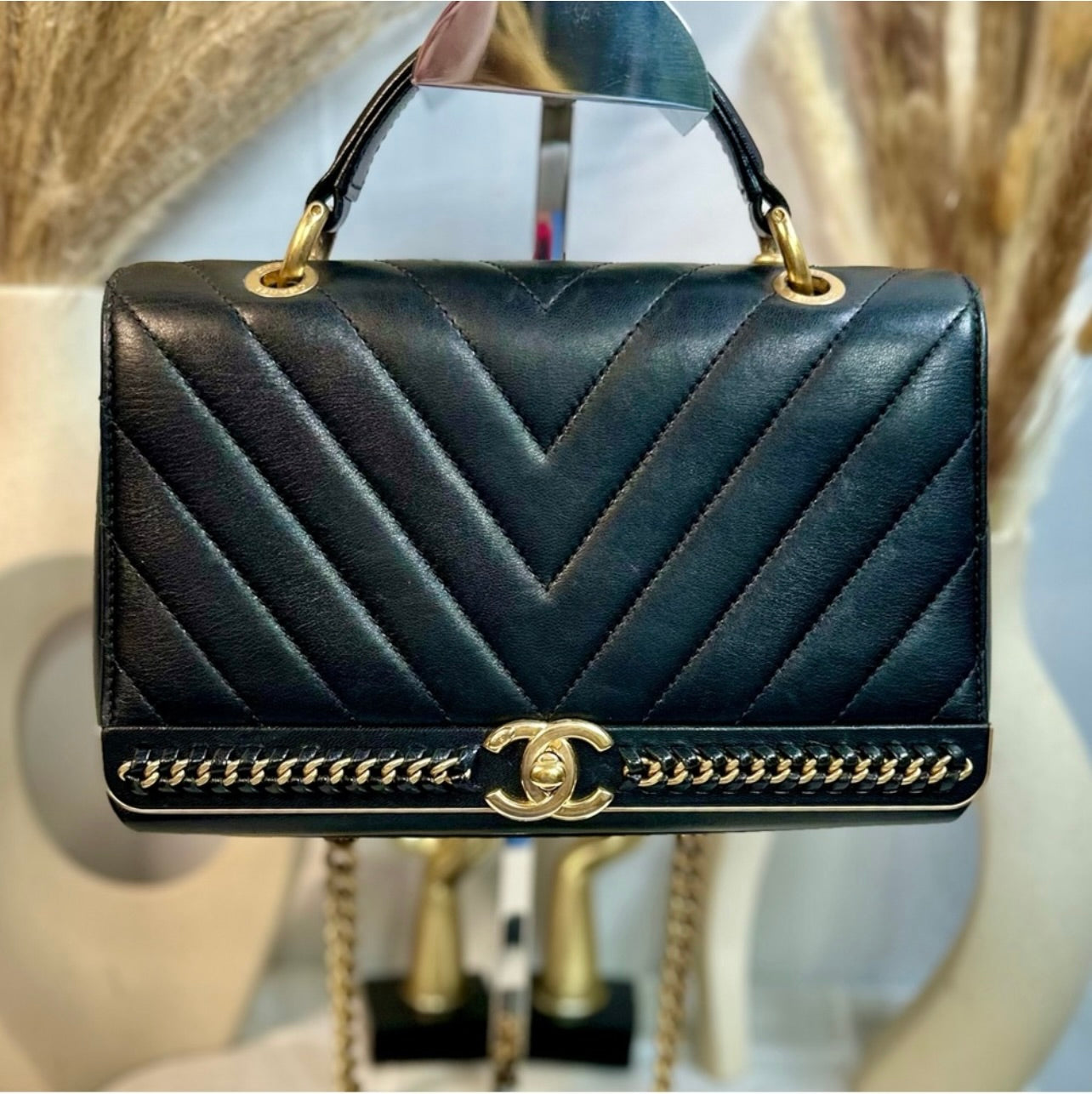 CHANEL 2Way Black Chevron Stitched Leather Top Handle Shoulder Bag