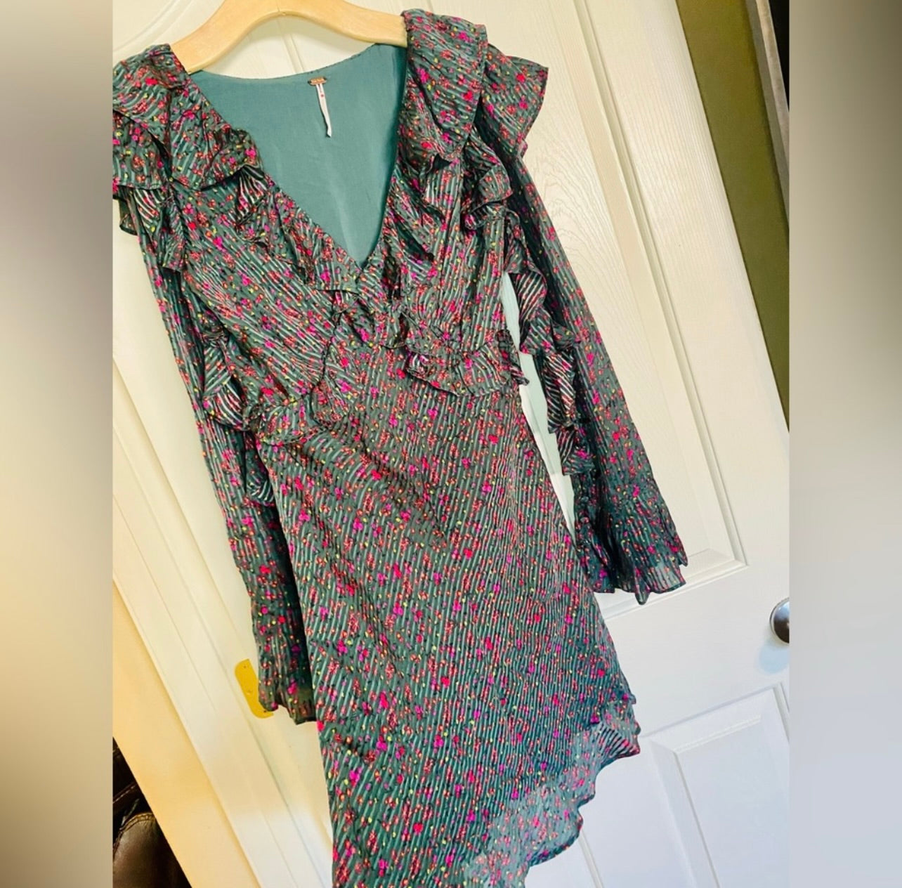 FREE PEOPLE Green Floral Print Sweetest Thing Ruffled Mini Dress